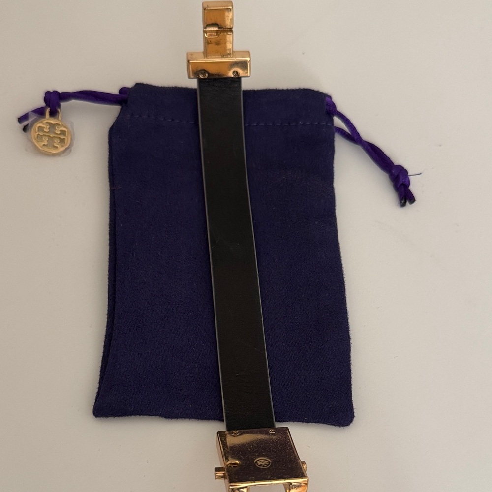 Tory Burch T Logo Tan Leather Bracelet with Gold Buckle - Picture 6 of 6
